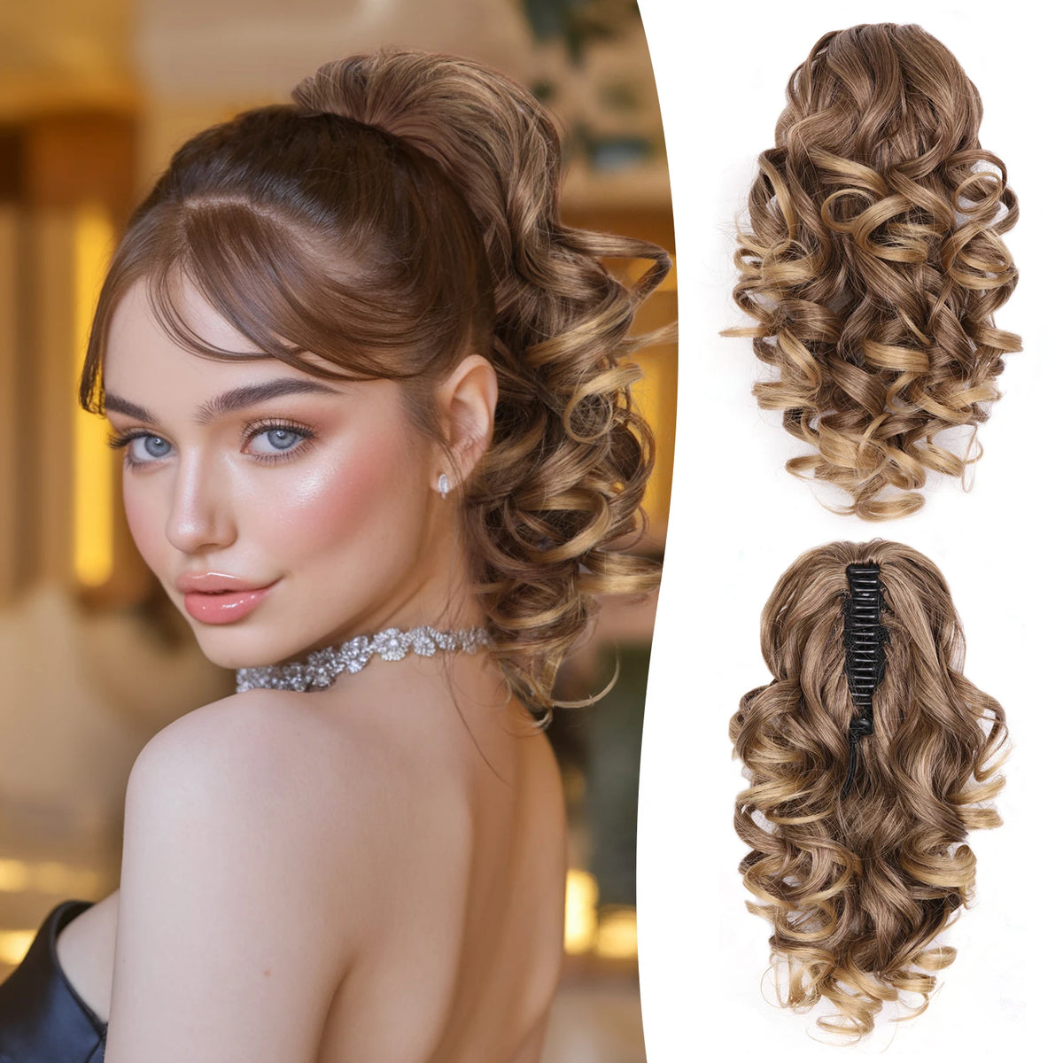 Wavy black ponytail hair extensions with claw clip from Corporación Turística, 12 inches long, for easy hair styling.