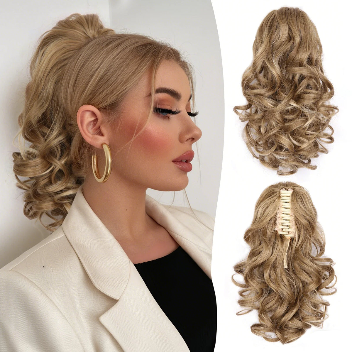 Wavy hair extension ponytail with claw clip in medium brown, designed for easy attachment and natural look.
