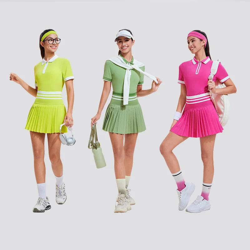 Red summer schoolgirl polo set for women, including a fitted polo shirt and matching skirt, by Corporación Turística.