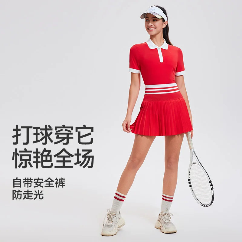 Red women's summer schoolgirl polo set by Corporación Turística, includes a fitted polo shirt and matching shorts.