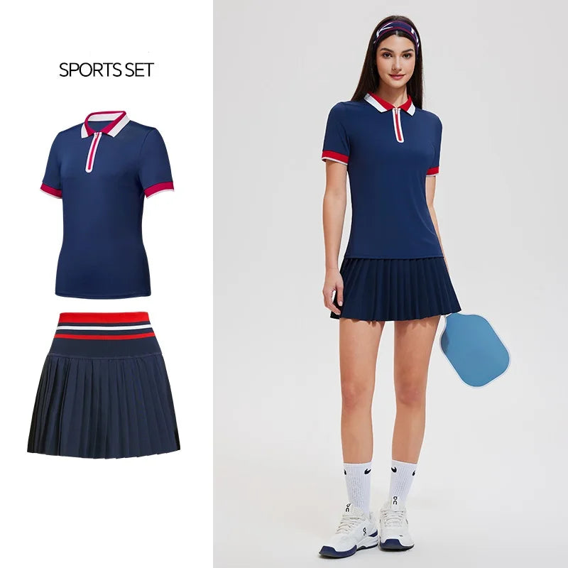 Red women's summer schoolgirl outfit featuring a polo shirt, designed for a casual, youthful look.
