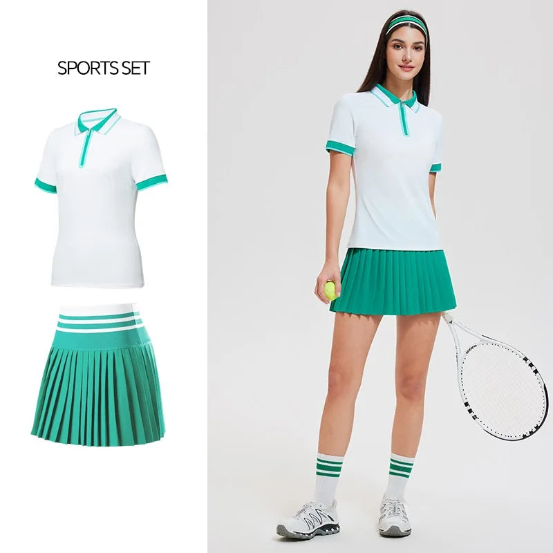 Red women's summer schoolgirl polo set by Corporación Turística, includes a short-sleeve top and matching skirt.