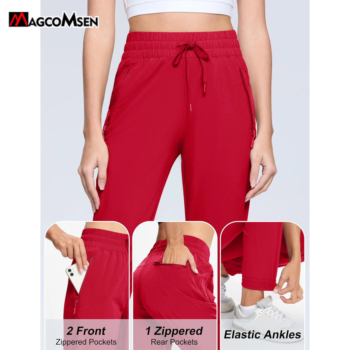 Magcomsen waterproof hiking pants for women in tomato red, designed for outdoor adventures and rain protection.