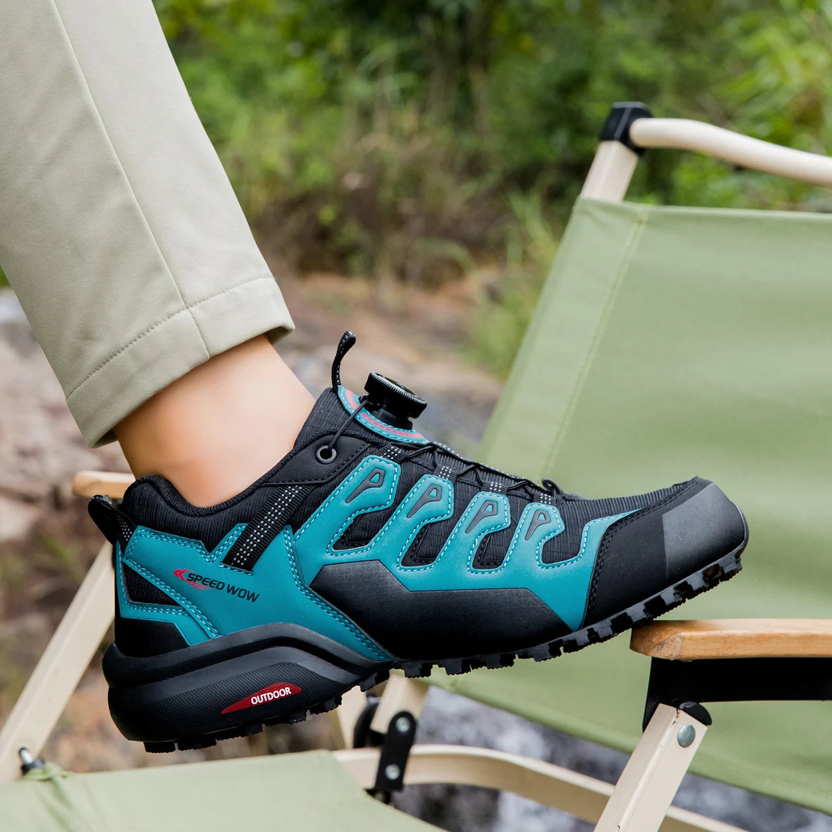 Men's hiking shoes by Corporación Turística, red leather hiking shoes with rugged soles for outdoor adventures.