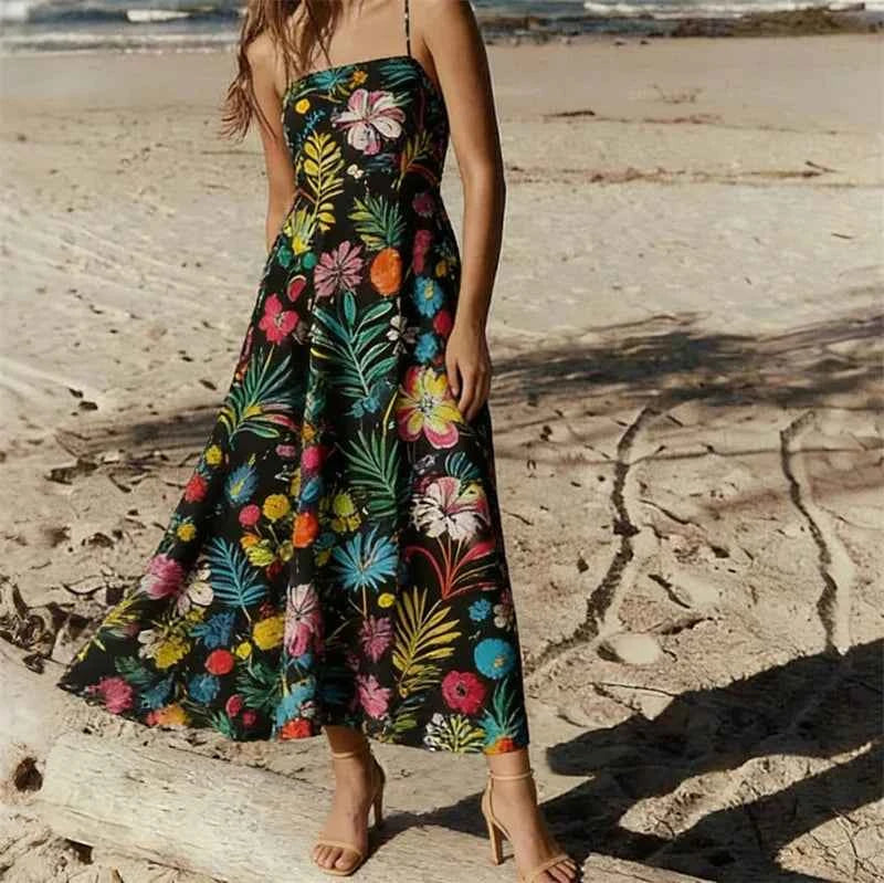 Elegant floral printed long evening dress for women by Corporación Turística, featuring a flowing design and vibrant pattern.