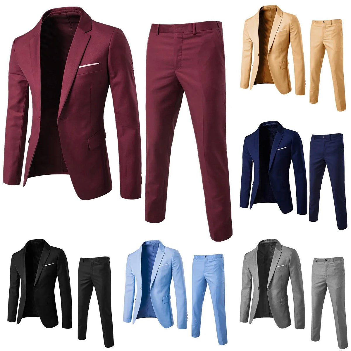Men's burgundy two-button business suit by Corporación Turística, professional men's attire in size XL, tailored for formal occasions.
