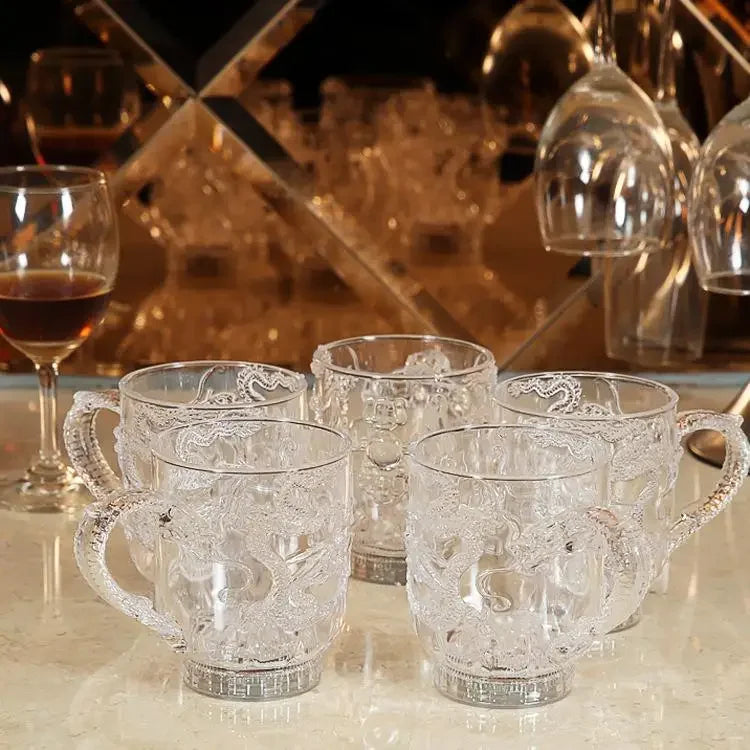 Transparent LED dragon mug from Corporación Turística with color-changing water-activated light, ideal for parties.