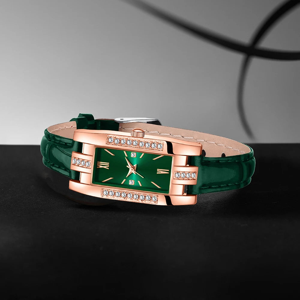 Luxury 6-in-1 jewelry set from Corporación Turística featuring a watch, collar, earrings, and ring in green.