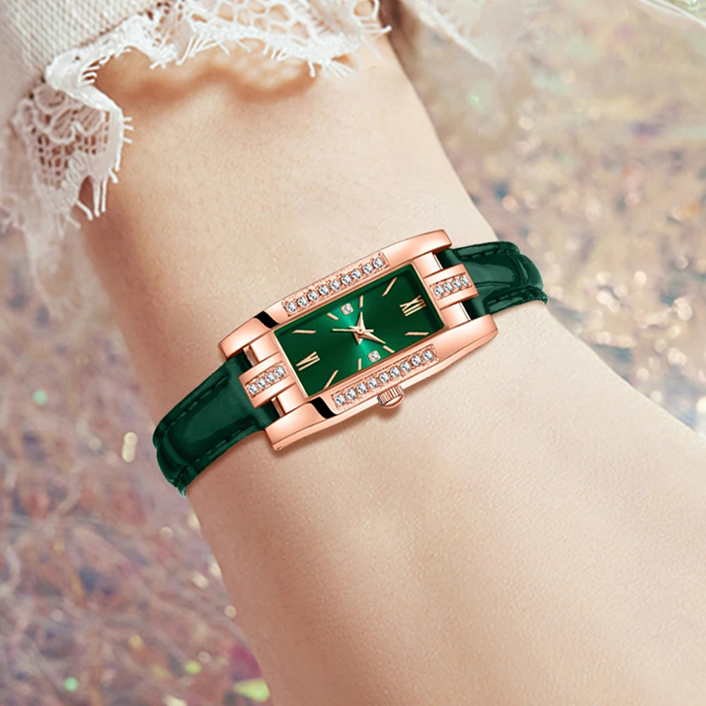 Luxury 6-in-1 jewelry set by Corporación Turística featuring a watch, necklace, earrings, and ring in green.