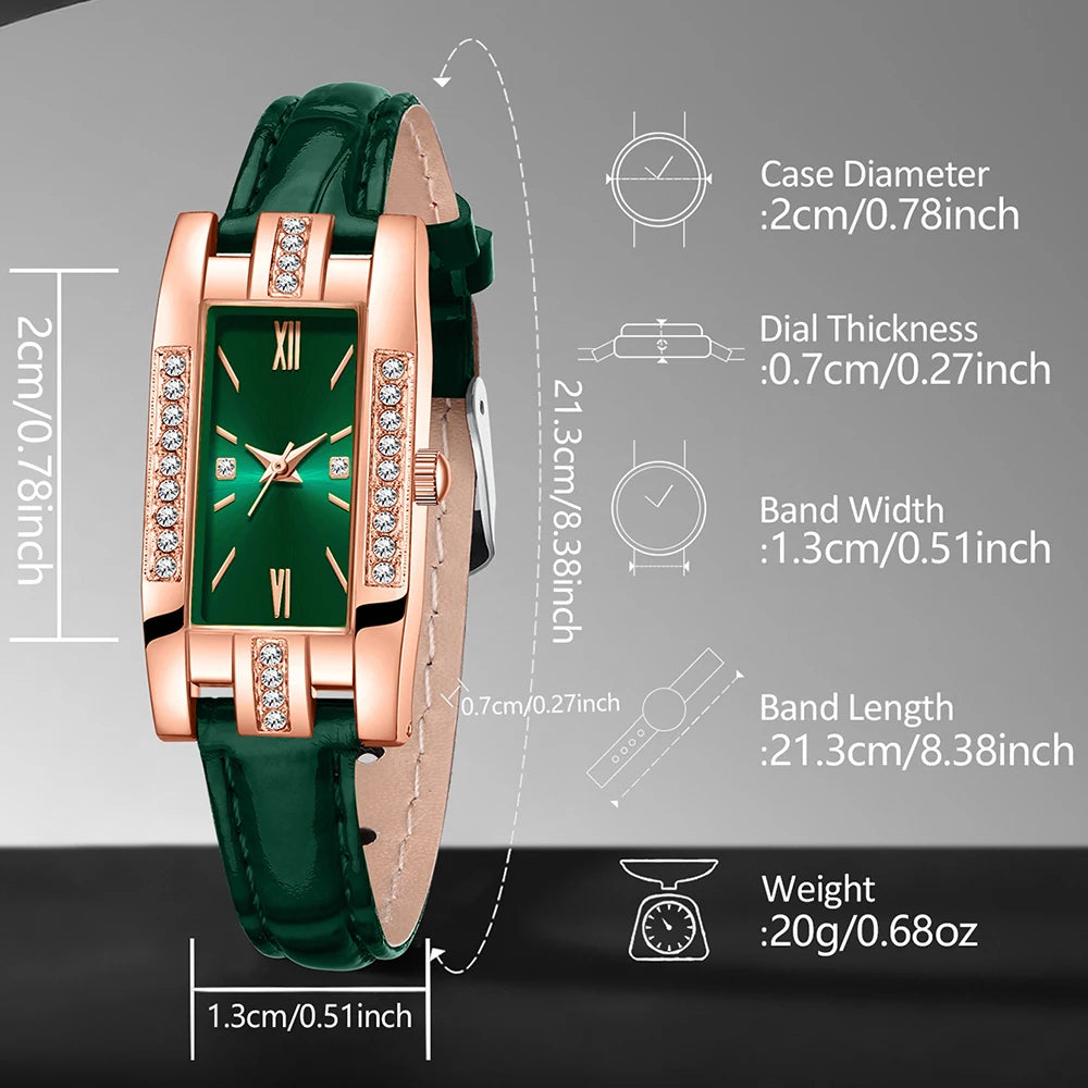 Luxury 6-in-1 jewelry set from Corporación Turística featuring a watch, necklace, earrings, and ring in green.