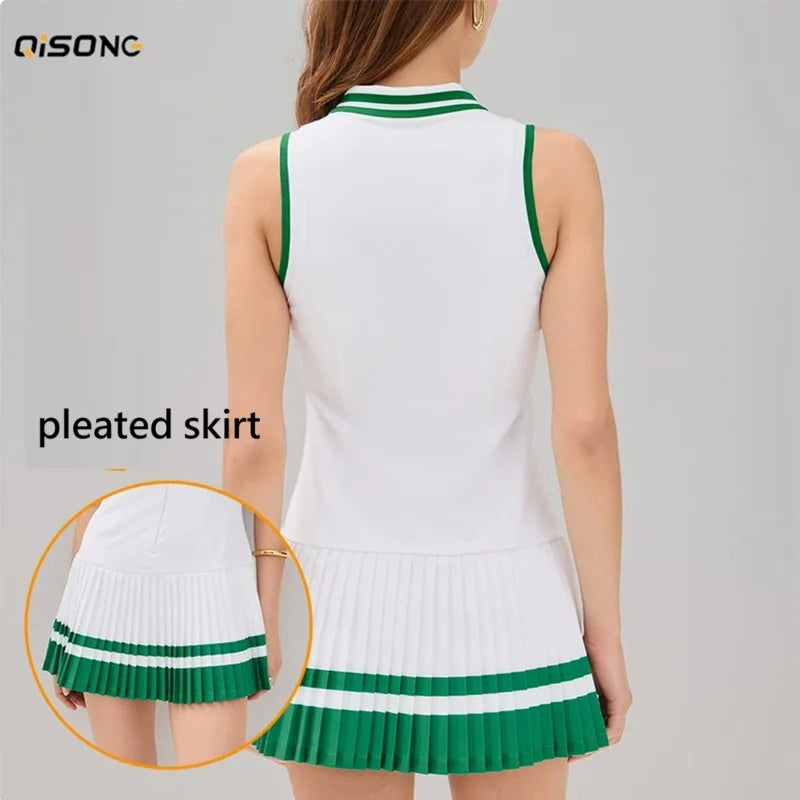 Green women's tennis dress with V-neck and zipper by Corporación Turística, shown on a model.