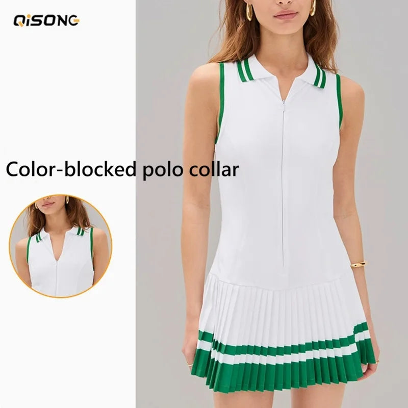 Green women's tennis dress with V-neck and zipper from Corporación Turística, shown on a mannequin.