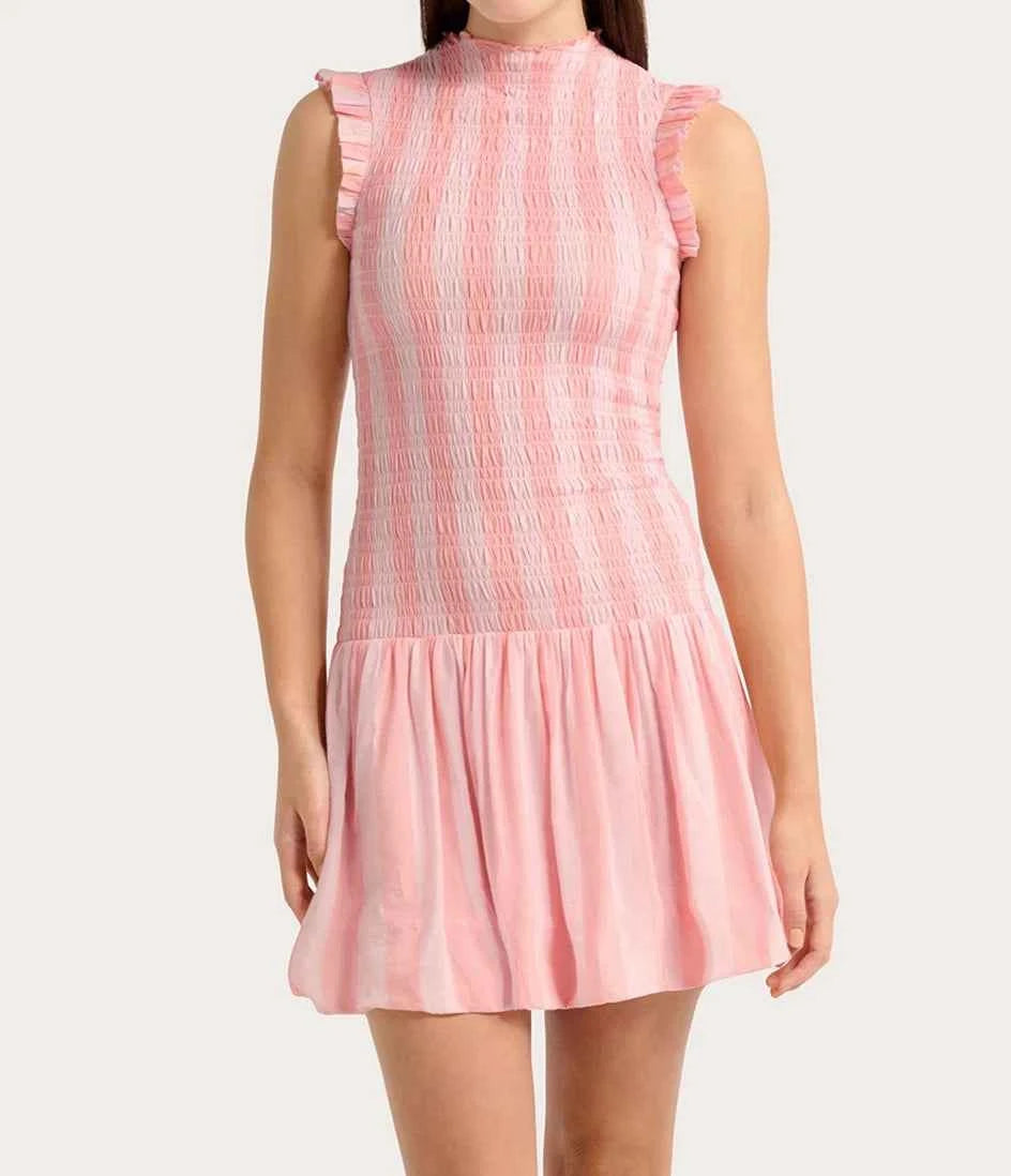 Elegant green striped short dress for women with ruched design, from Corporación Turística, suitable for stylish occasions.