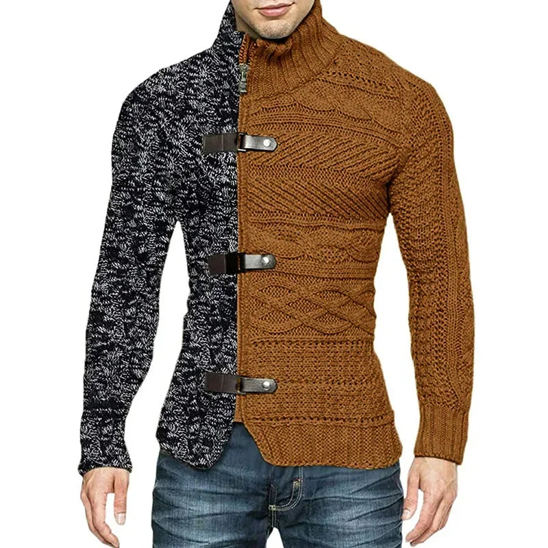 Men's high-neck hoodie cardigan by Corporación Turística in green military color, stylish casual men's sweatshirt outerwear.