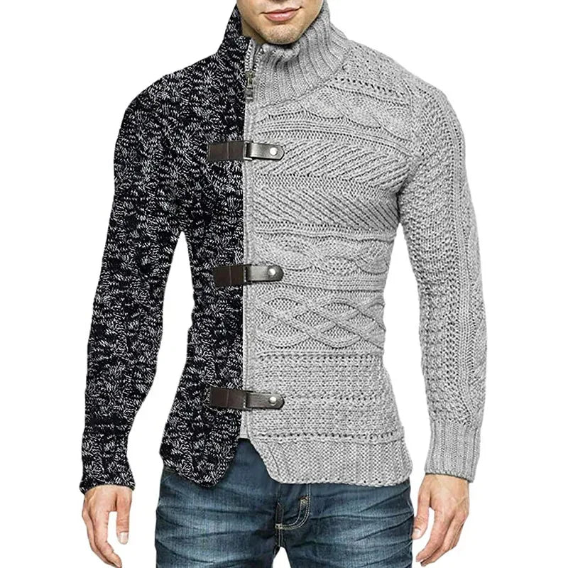 Men's high-neck hoodie cardigan in military green, casual sportswear by Corporación Turística, showing front view and soft fabric texture.