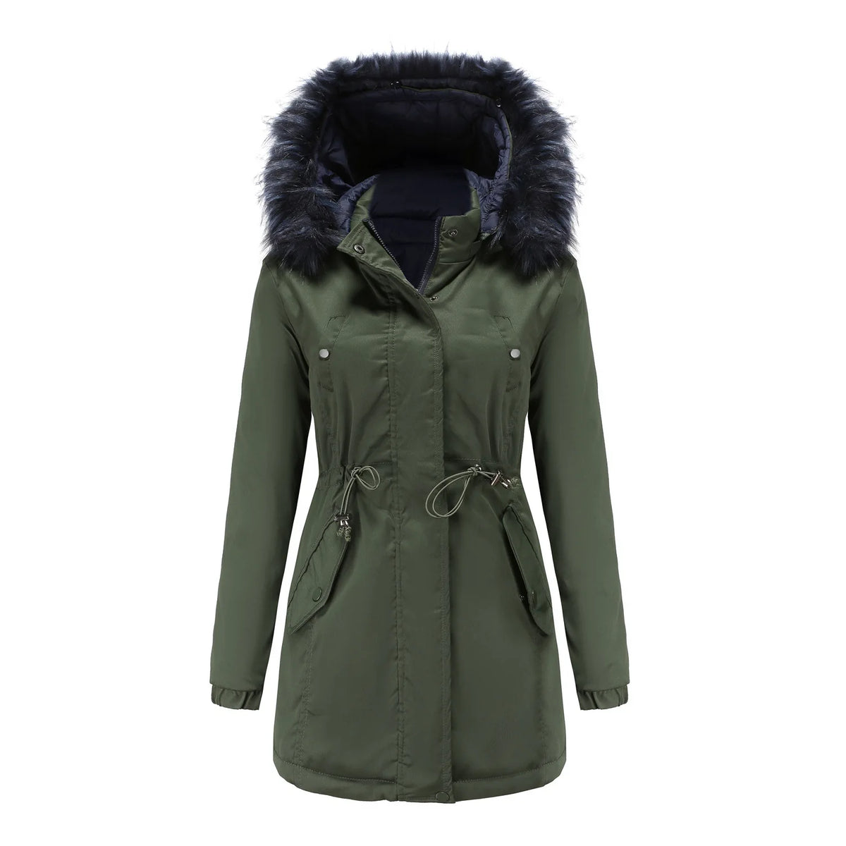 Women's double-sided winter jacket by KIDCRKJ in green military color, featuring a cozy, versatile design.