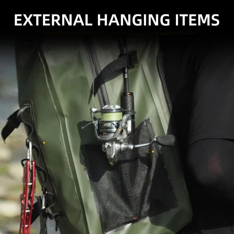 Green waterproof fishing backpack with built-in rod support, featuring multiple compartments for gear storage.