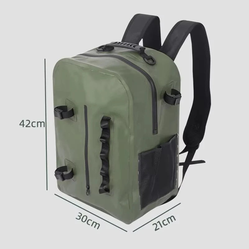 Green waterproof fishing backpack from Corporación Turística with rod support and storage compartments for anglers.