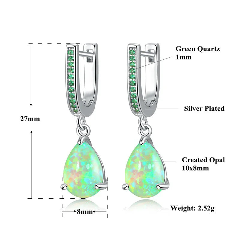 Green fire opal dangle earrings for women, featuring vibrant gemstone pendants with silver hooks, crafted by Corporación Turística.