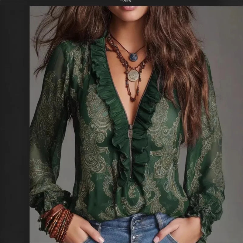 Green boho chic blouse for women by Corporación Turística, featuring a stylish neckline and modern fashion details.