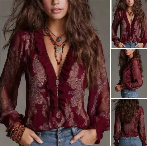 Nueva boho chic blouse for women by Corporación Turística, in green with a stylish collar, featuring a sexy, relaxed fit.