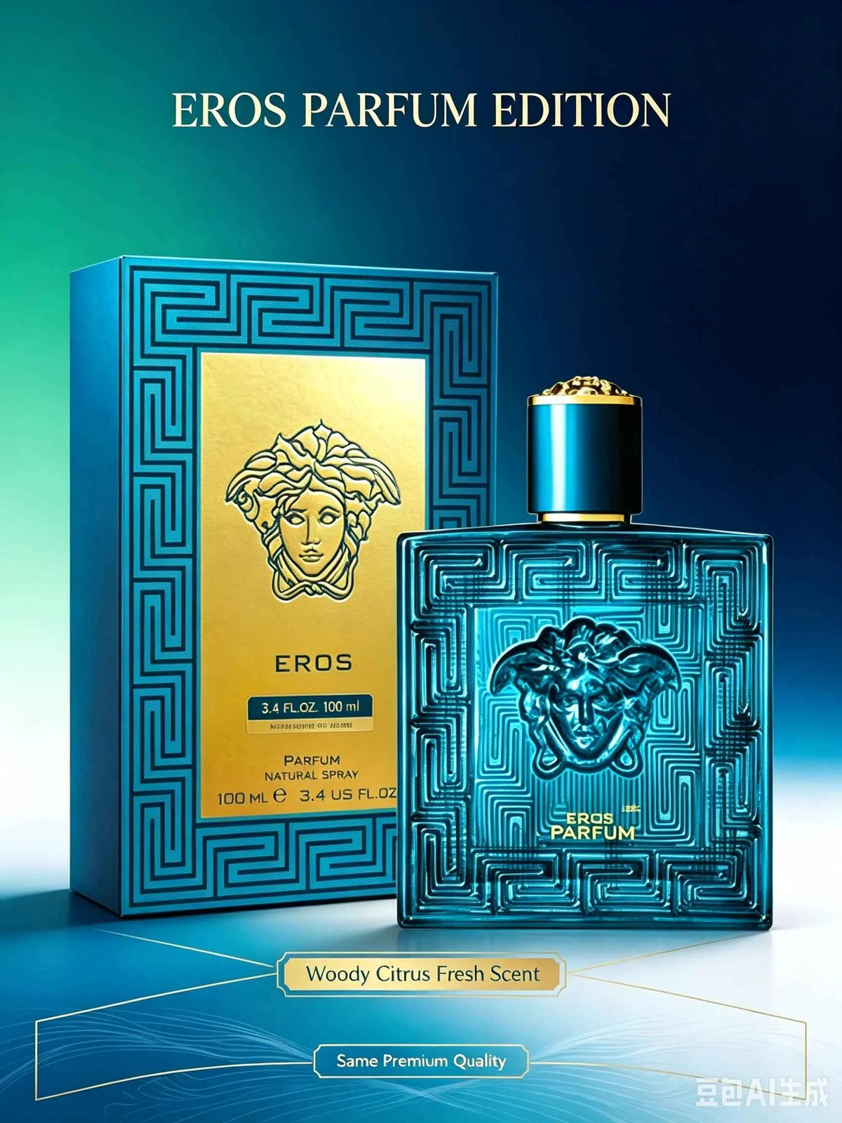 Versace Pour Homme Eros cologne for men in 3.4 fl oz (100ml) with a violet-themed bottle, by Corporación Turística.