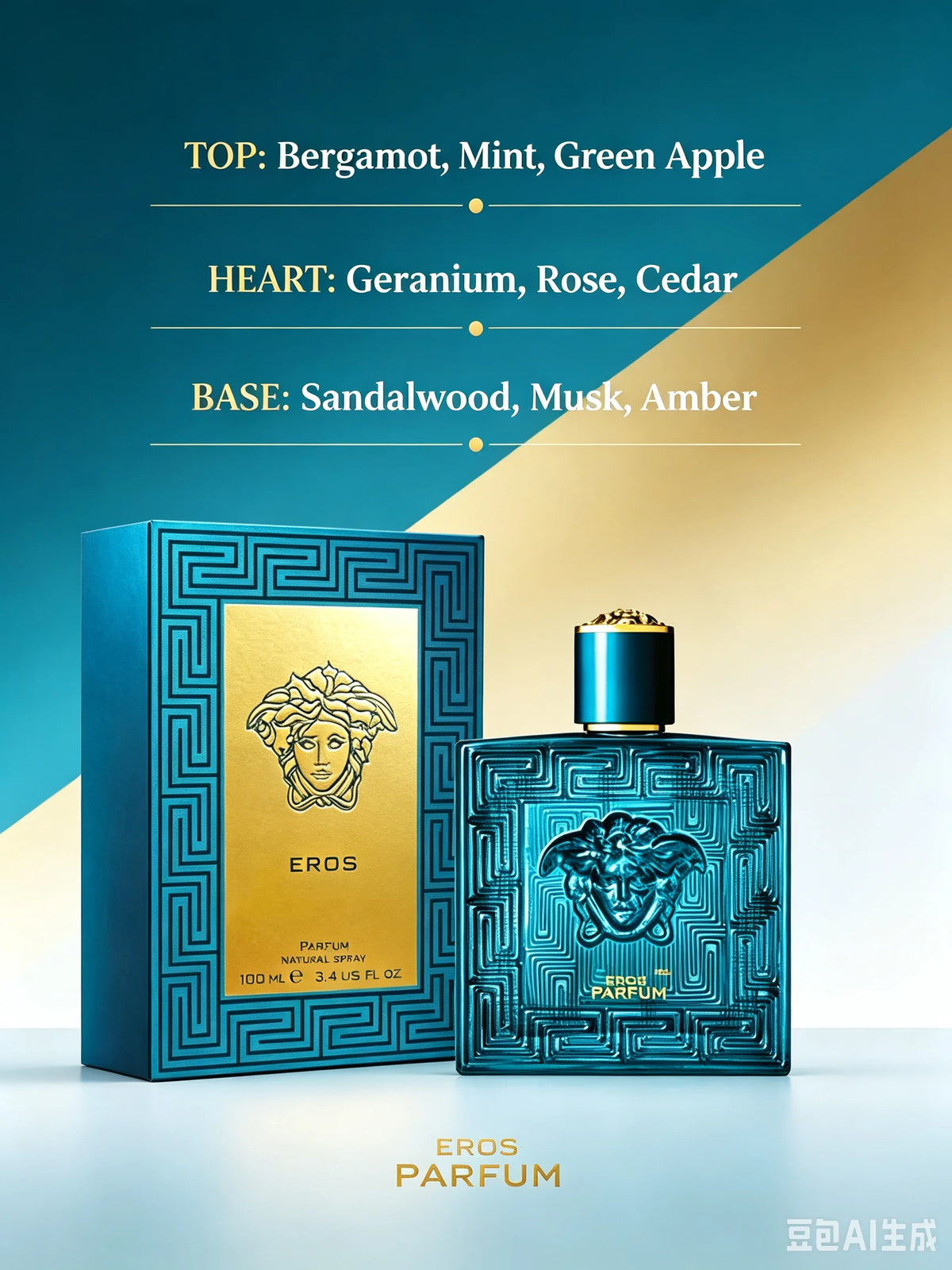Versace Pour Homme Eros men's cologne in 3.4 fl oz (100ml) bottle, with packaging featuring a violet design and branding.