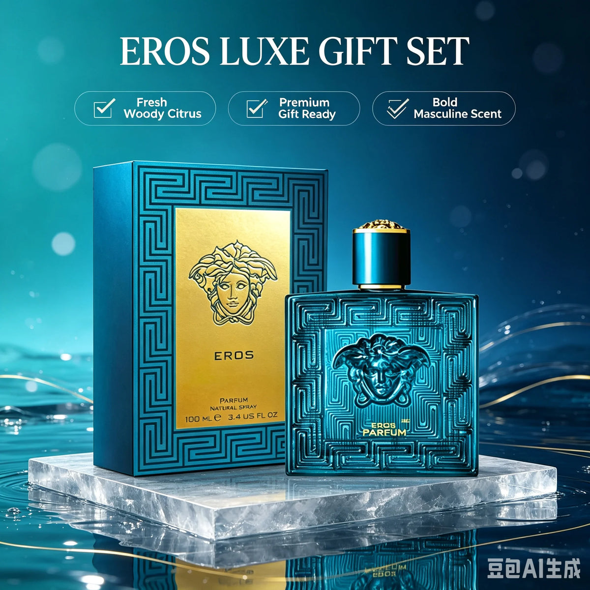 Versace Pour Homme Eros cologne for men in 3.4 fl oz bottle, masculine fragrance with vibrant, fresh citrus and woody notes.