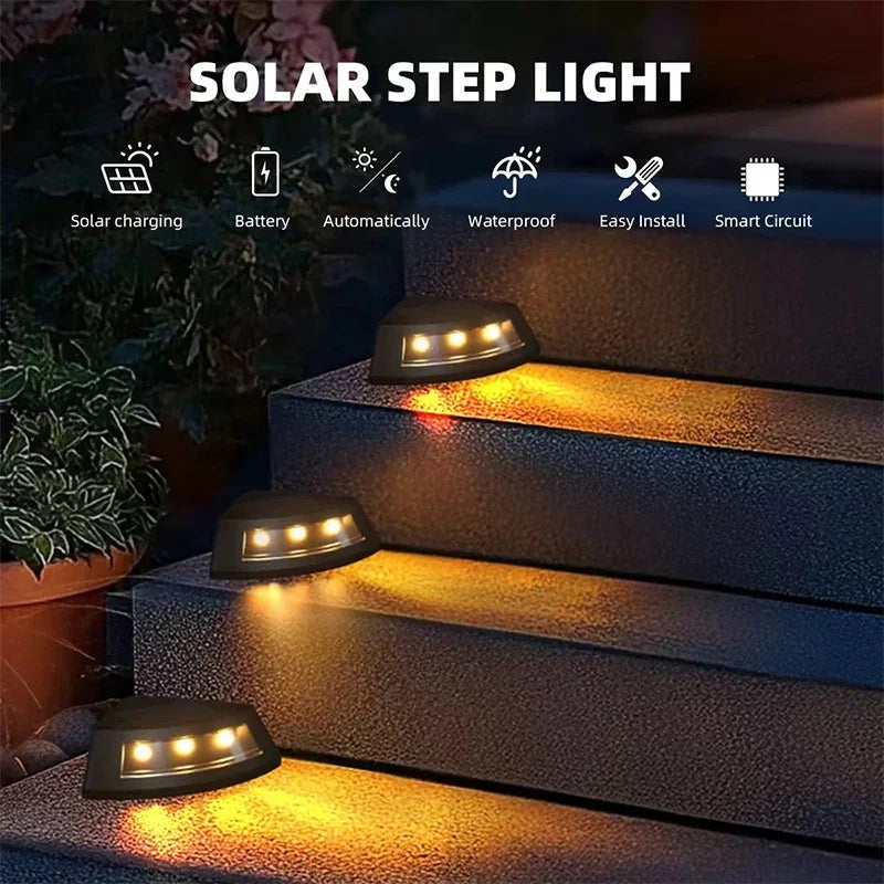 Exterior staircase solar lights with 3 warm white LED lamps by Corporación Turística, weather-resistant outdoor lighting for steps.