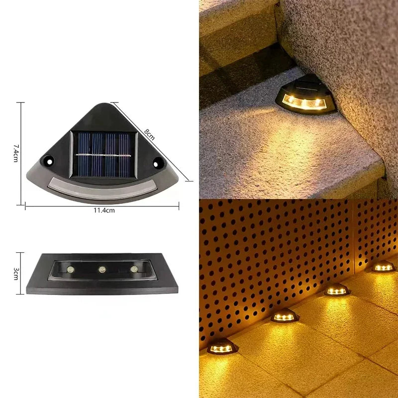 Outdoor stairway solar lights with 3 LED bulbs, warm white illumination, by Corporación Turística for exterior lighting.