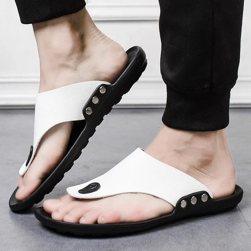 White YRZL men's summer sandals with open-toe design, casual slip-on style, perfect for warm weather outdoor wear.