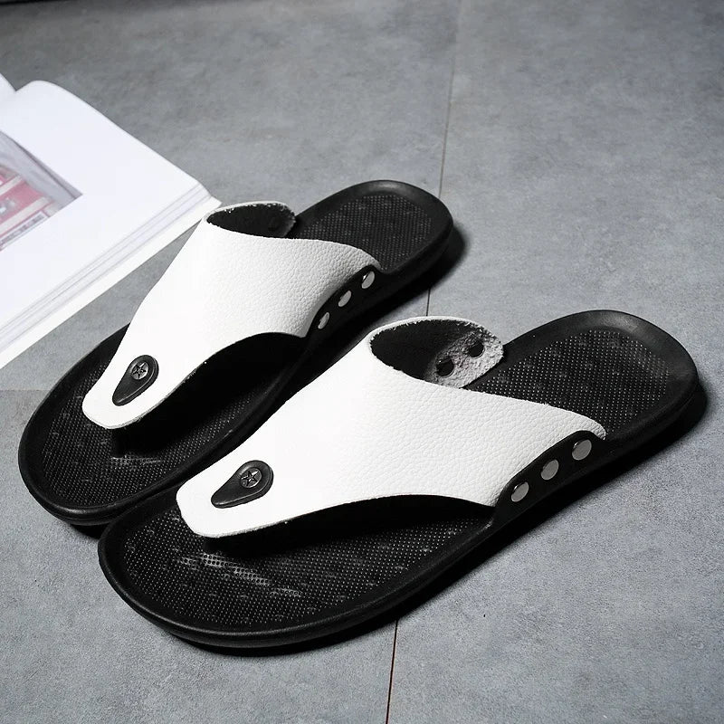 White YRZL men's summer sandals, casual slip-on flip flops for men, made by Corporación Turística, comfortable and lightweight.