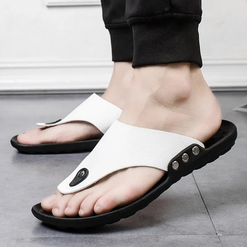 White YRZL men's summer sandals, casual slip-on flip flops for men, comfortable beach and outdoor footwear.