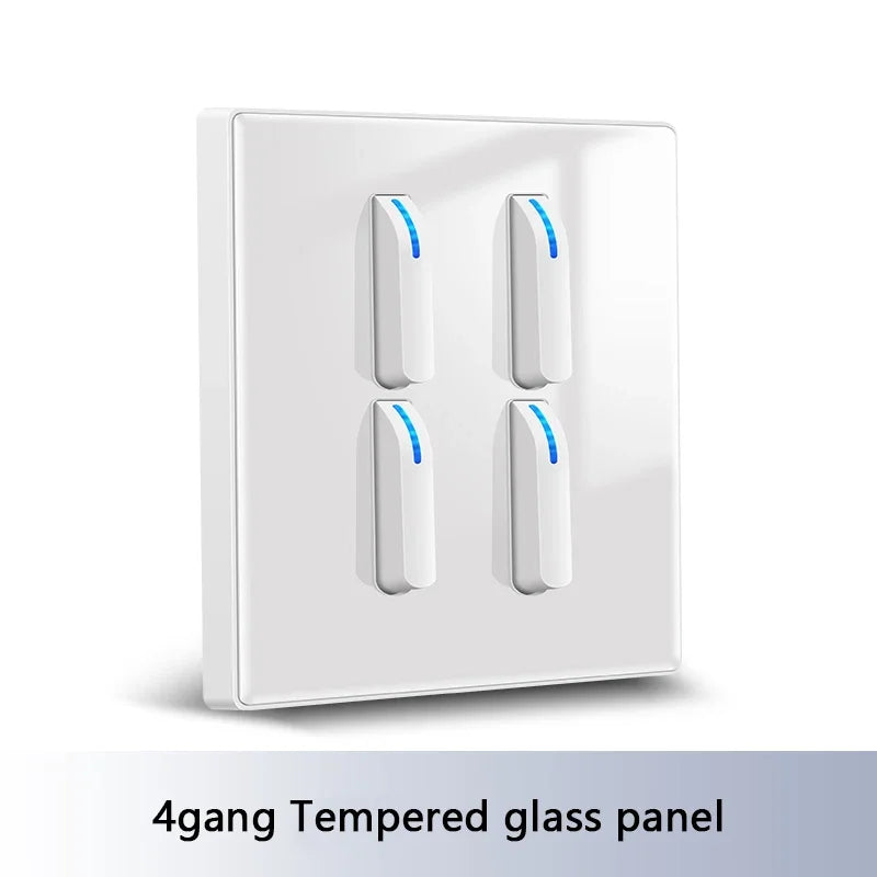 White 4-gang 2-way wall light switch panel by Corporación Turística, showing the internal switch mechanism and wiring.