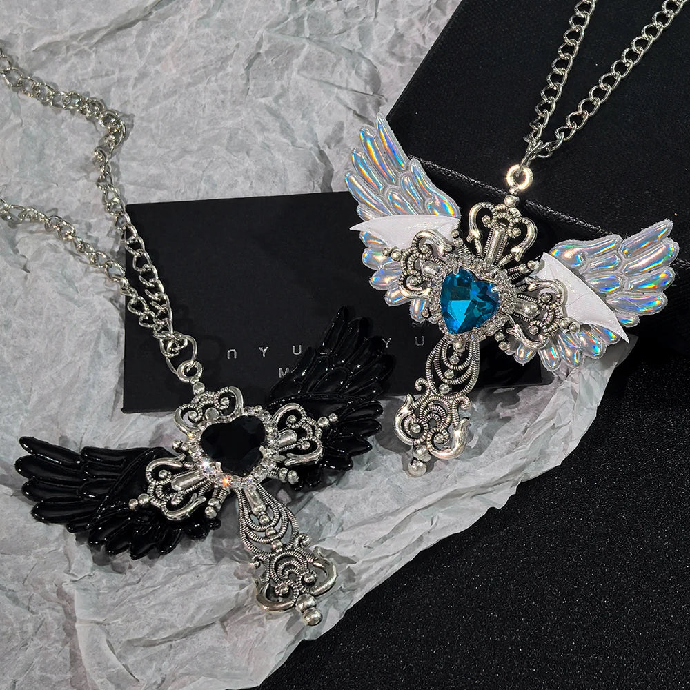 White Y2K style collar with heart and angel wing pendant, featuring a trendy, celestial-inspired design.