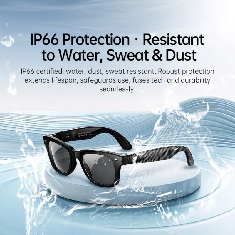 White Echowear smart glasses with UV monitoring and frequency tracking, designed by Corporación Turística.
