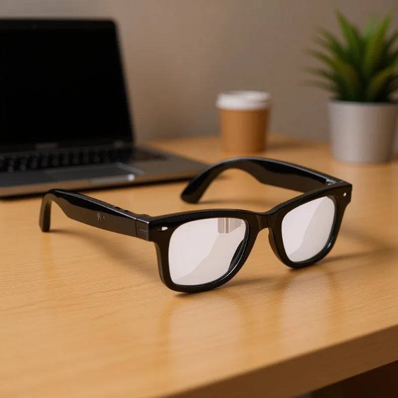 White Echowear smart glasses with UV monitoring and health tracking features, designed by Corporación Turística.