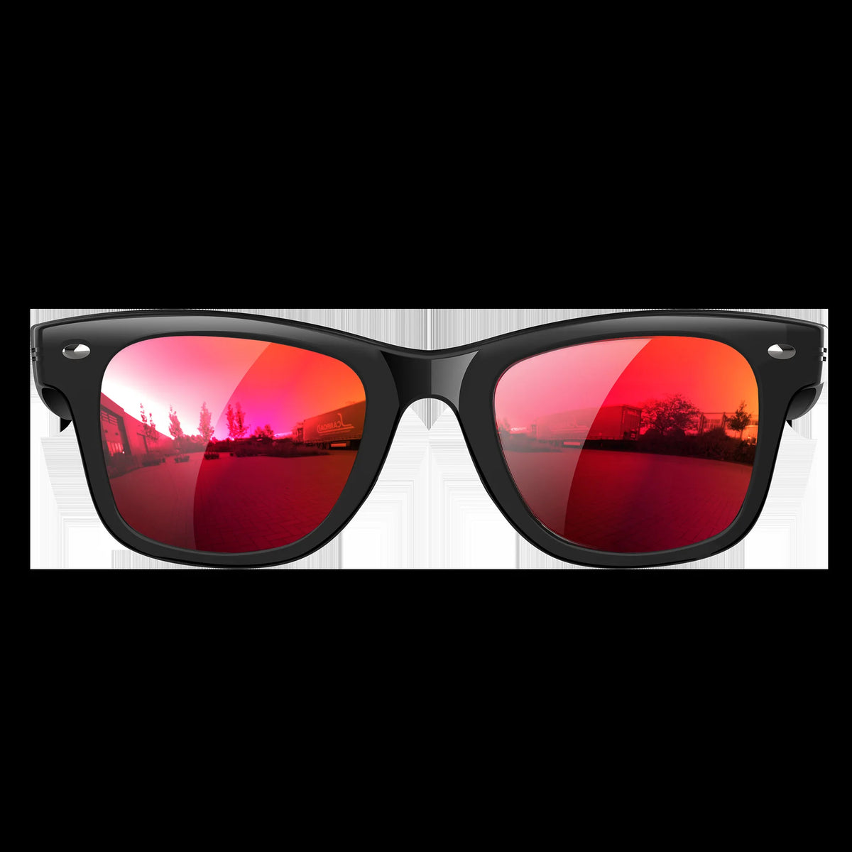 White Echowear smart glasses with UV monitoring and frequency display, designed by Corporación Turística.