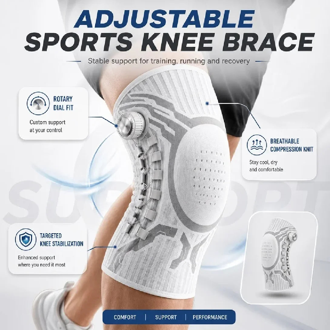 White intelligent knee brace with gel pad for kneecap support, designed by Corporación Turística, featuring adjustable fit and cushioning.