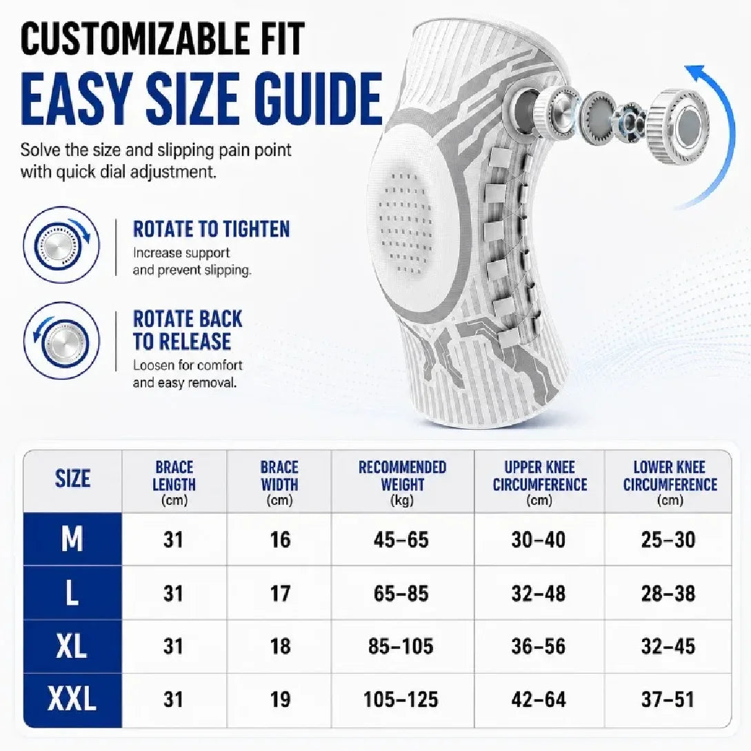 White intelligent knee brace with gel pad for kneecap support, designed for comfort and stability by Corporación Turística.