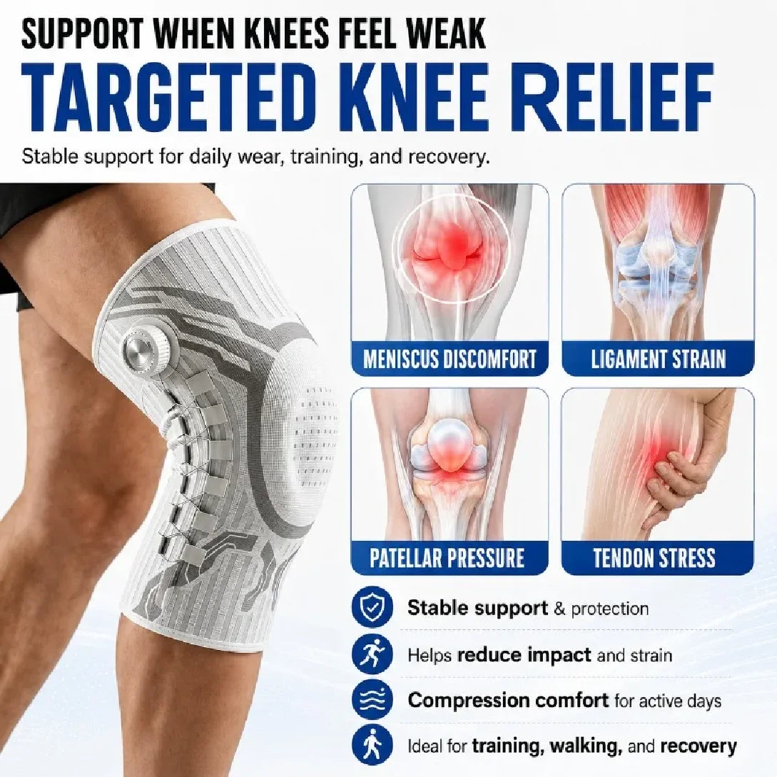 White smart knee brace with gel pad for kneecap support, designed for comfort and stability during activity.