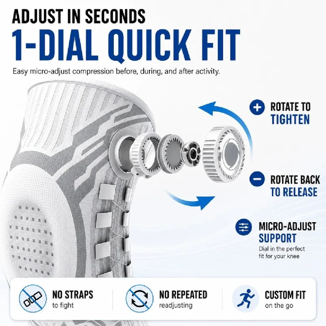 White intelligent knee brace with gel pad for patella support, designed by Corporación Turística.