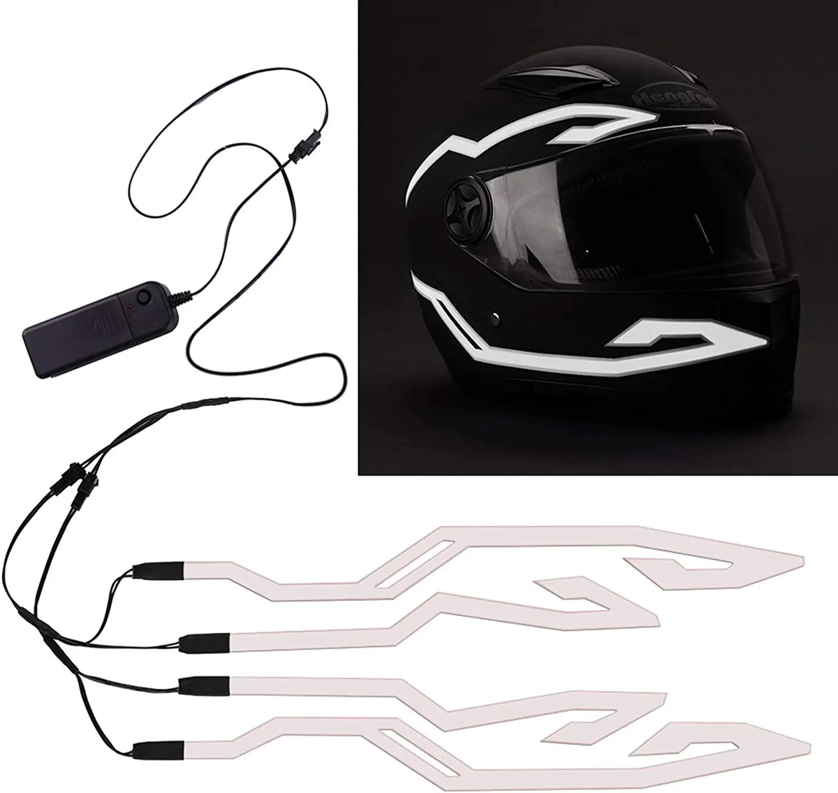 White motorcycle helmet light with signaling features from Corporación Turística, mounted on a motorcycle helmet.
