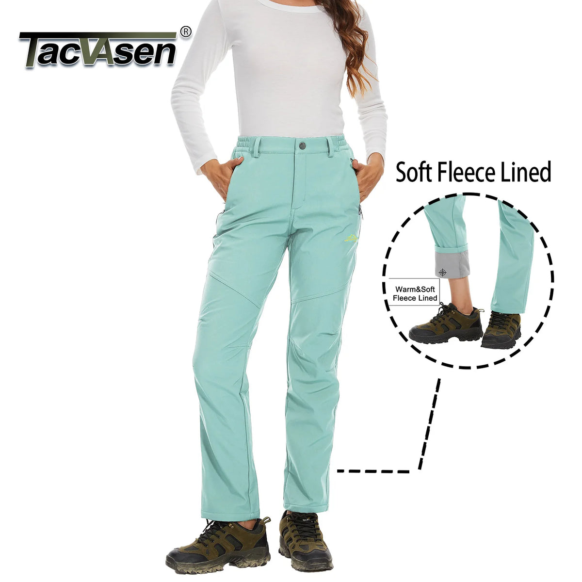 White women's waterproof winter pants by Tacvasen, featuring a snug fit and durable waterproof fabric for outdoor winter activities.