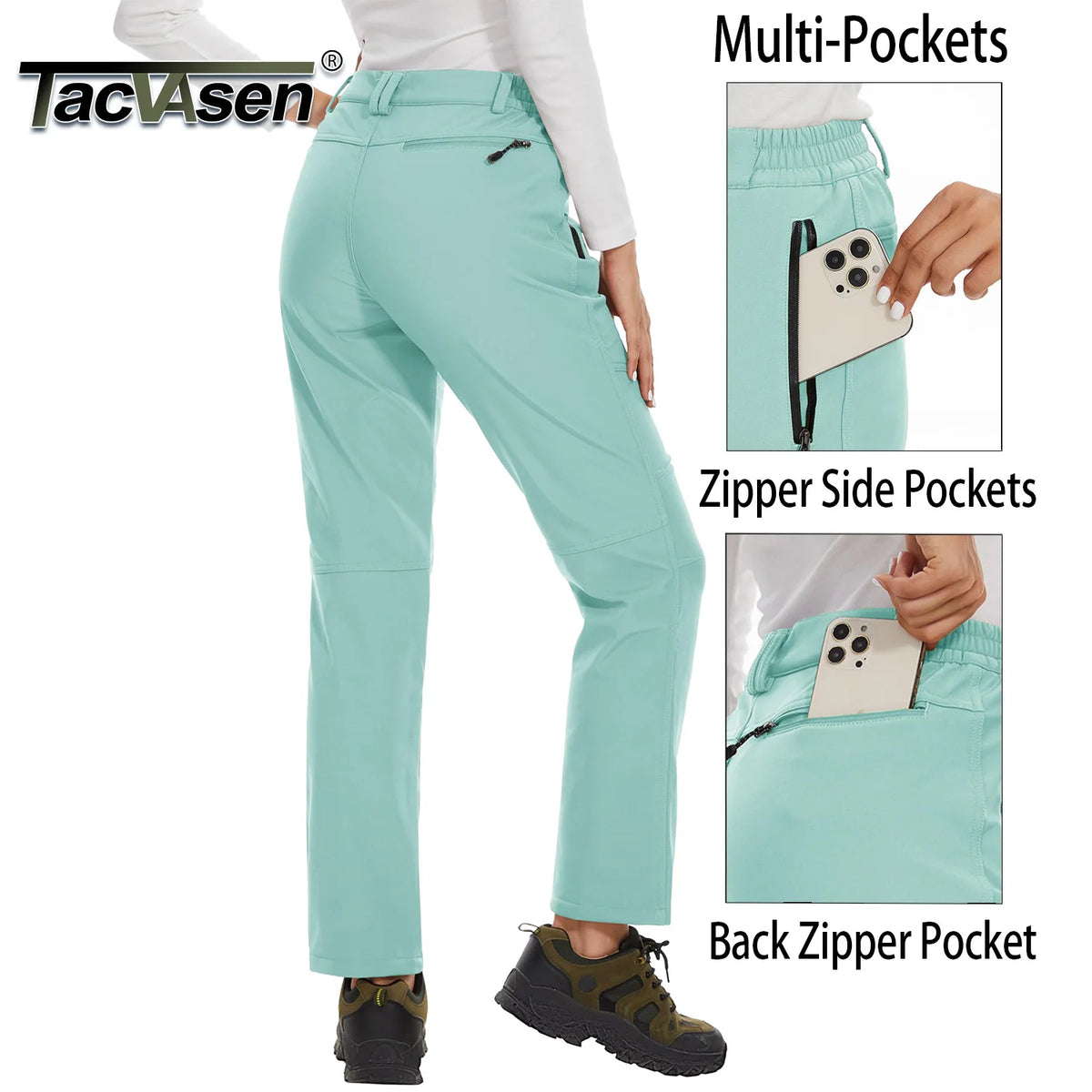 White women's winter waterproof pants by Tacvasen, designed for outdoor activities, with a snug fit and durable waterproof fabric.