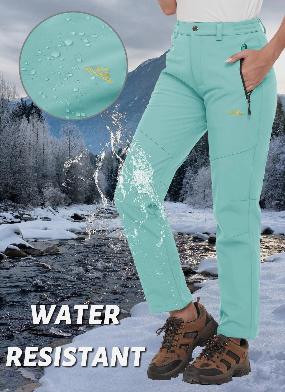 White women's winter waterproof pants by Tacvasen, featuring a waterproof design and comfortable fit for cold weather outdoor activities.