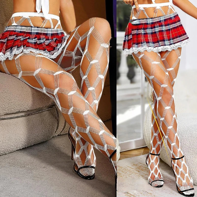 White high-waisted sexy fishnet tights for women, from Corporación Turística, featuring a stylish red design.