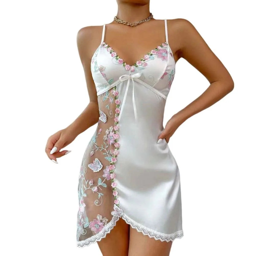 White lace camisón de encaje fino con lazo para mujer, vestido de dormir elegante y cómodo, ideal para descanso y relajación.