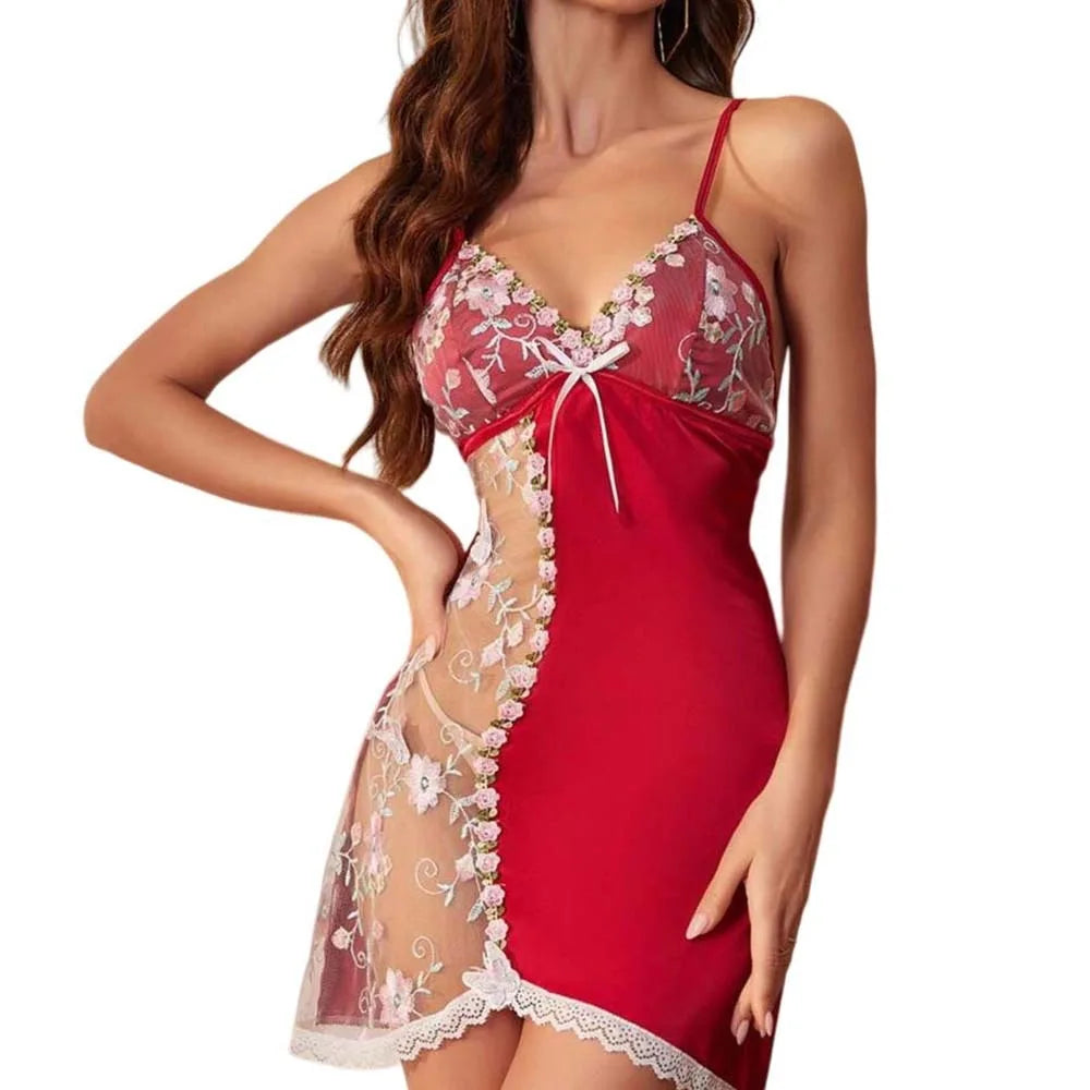 White lace camisón for women with satin bow, elegant nightwear by Corporación Turística, soft fabric and delicate design.