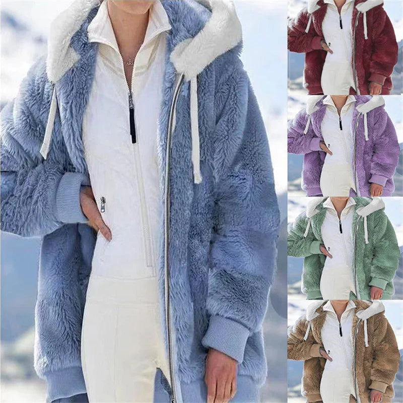 White women's oversized fleece zip-up coat by Corporación Turística, featuring a relaxed fit and cozy fleece material.